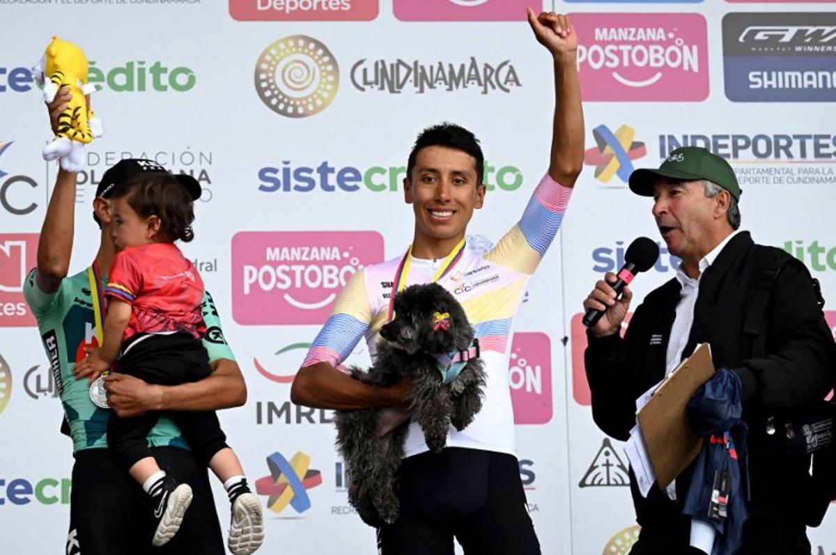 Colombia's cyclist Egan Bernal (C) celebrates on the podium after winning the National Road Cycling Championships in Zipaquira, Colombia, on February 8, 2026.  Raul ARBOLEDA / AFP