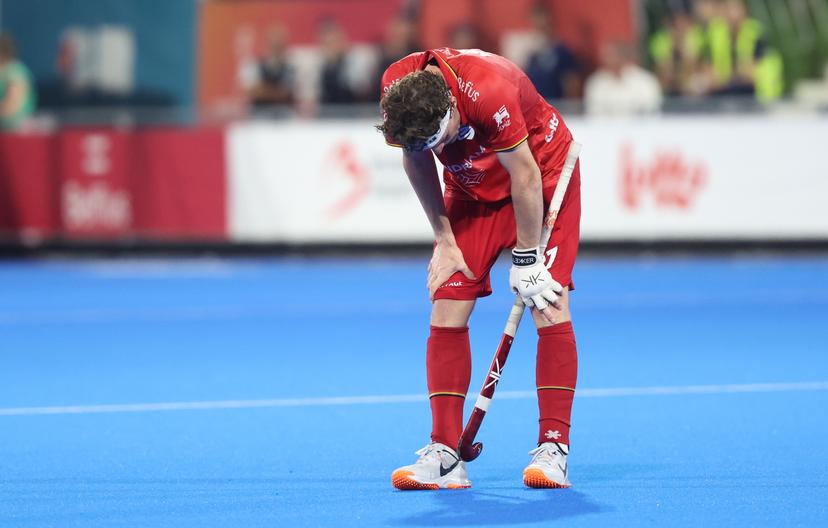 Belgium's Guillaume Hellin looks dejected after losing a hockey game between Belgian national team Red Lions and Netherlands, Thursday 25 June 2026 in Wavre, match 14/16 in the group stage of the men's FIH Pro League competition. BELGA PHOTO VIRGINIE LEFOUR