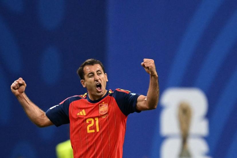 Spain's forward #21 Mikel Oyarzabal celebrates after scoring his team's second goal  during the 2026 World Cup Group H football match between Spain and Saudi Arabia at the Atlanta Stadium in Atlanta on June 21, 2026.   ROBERTO SCHMIDT / AFP