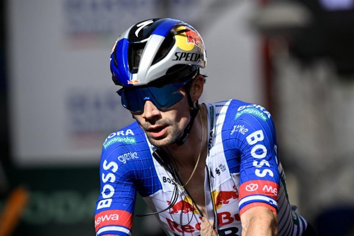 Team Bora's Slovenian rider Primoz Roglic, second placed in the overall standings, crosses the finish line of the fifth stage of the Basque Country's Itzulia cycling tour, a 176.2 km race starting and finishing in Eibar, on April 10, 2026.   ANDER GILLENEA / AFP
