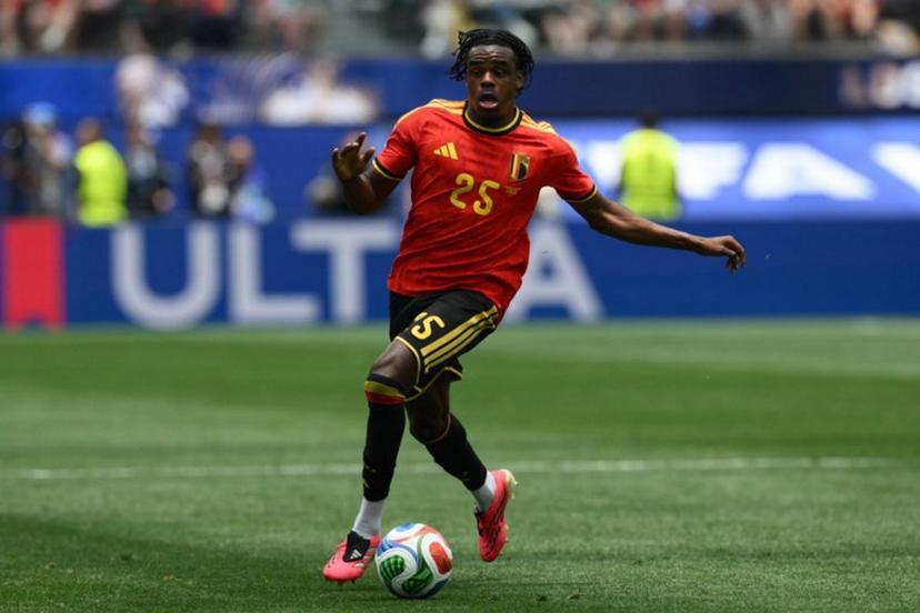 Belgium's defender #25 Nathan Ngoy controls the ball during the 2026 World Cup Group G football match between Belgium and Iran at the Los Angeles Stadium in Inglewood on June 21, 2026.   Patrick T. Fallon / AFP