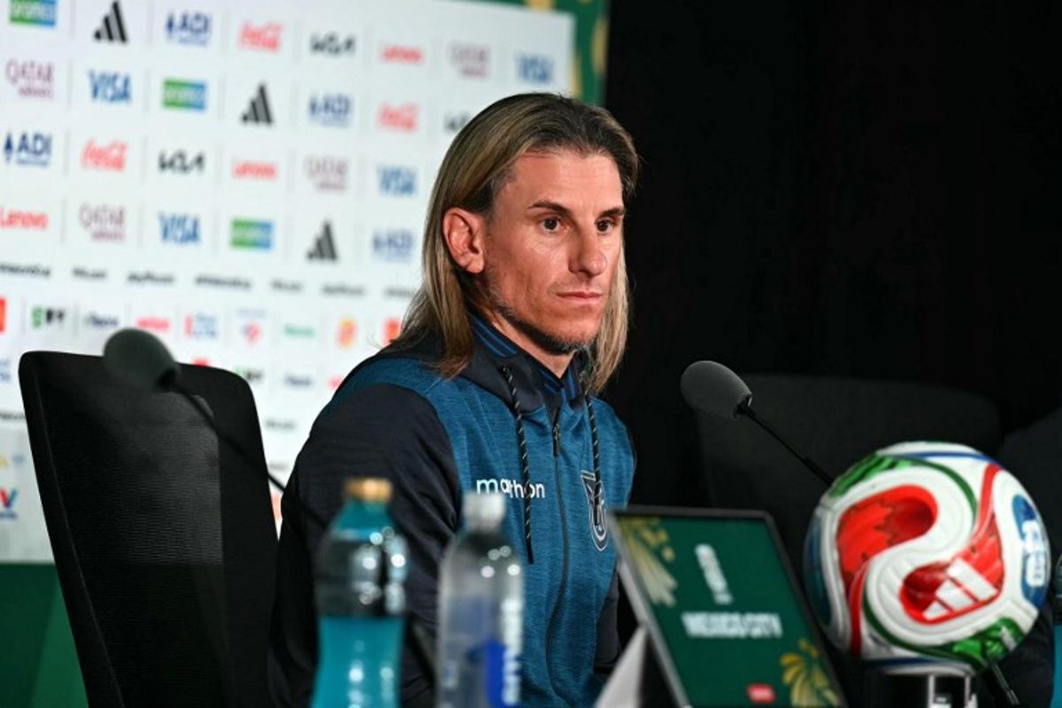 Ecuador's Argentine head coach Sebastian Beccacece gives an MD-1 press conference at the Mexico City Stadium in Mexico City on June 29, 2026, on the eve of the 2026 World Cup round of 32 football match between Mexico and Ecuador.  YURI CORTEZ / AFP