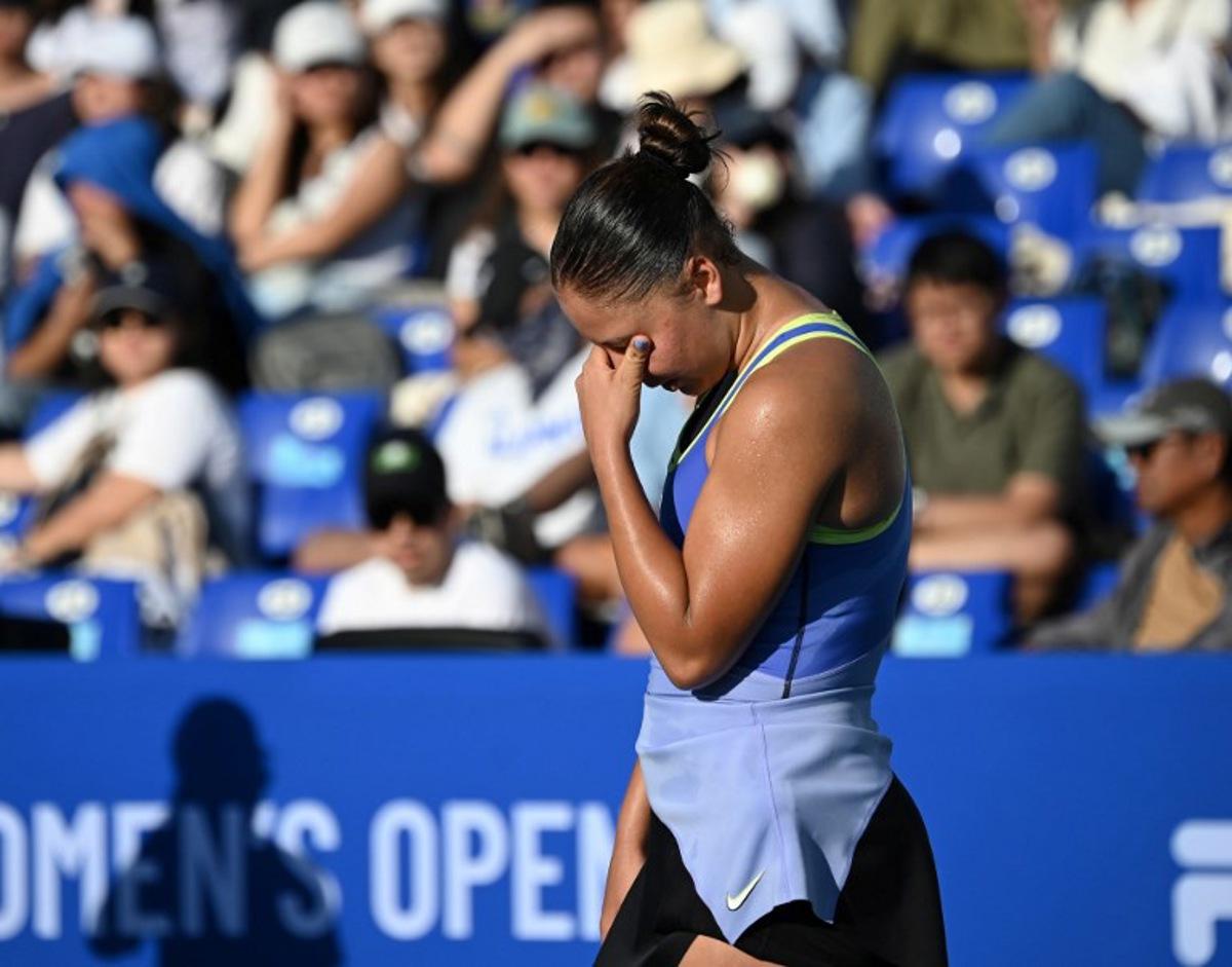 Sofia Costoulas of Belgium reacts after losing a point in the women's singles against Tatiana Prozorova of Russia at the Philippine Women's Open tennis tournament in Manila on January 29, 2026.  Ted ALJIBE / AFP