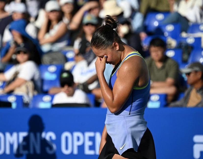 Sofia Costoulas of Belgium reacts after losing a point in the women's singles against Tatiana Prozorova of Russia at the Philippine Women's Open tennis tournament in Manila on January 29, 2026.  Ted ALJIBE / AFP