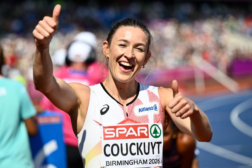 Belgian Paulien Couckuyt celebrates as she won her heat in the semifinals of the Women 400m Hurdles race, on the second day of the European Athletics Championships (August 10-18) in Birmingham, United Kingdom, on Tuesday 11 August 2026. BELGA PHOTO ERIC LALMAND