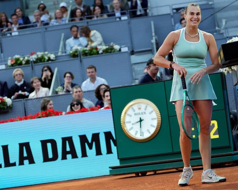 Belarus' Aryna Sabalenka reacts after winning a game to Romania's Jacqueline Cristian during their 2026 WTA Tour Madrid Open tennis tournament third round singles match at the Caja Magica in Madrid, on April 25, 2026.   Thomas COEX / AFP