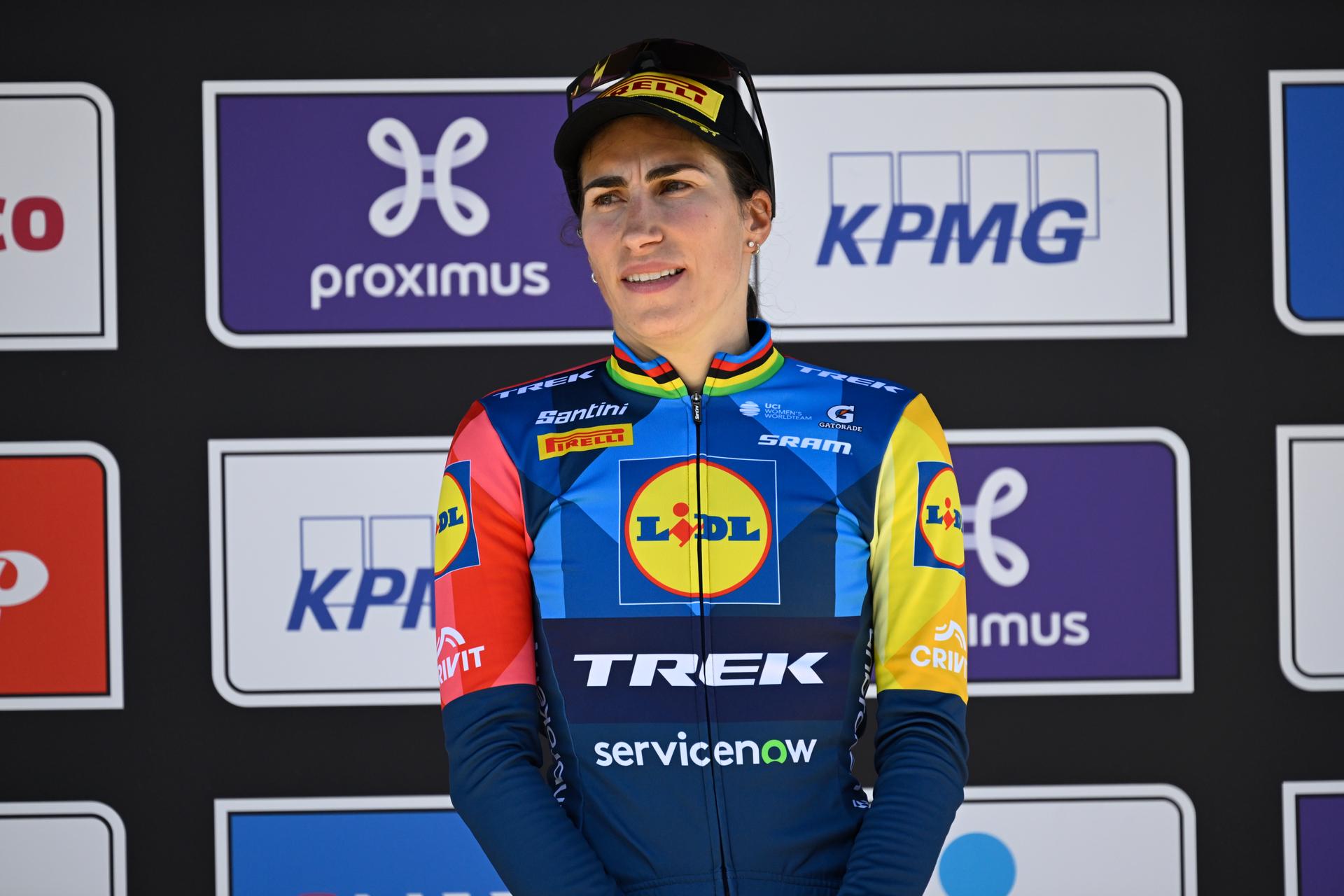 Italian Elisa Balsamo of Lidl-Trek pictured on the podium of the women's race of the 'Scheldeprijs' one day cycling event, 130,3km from and to Schoten on Wednesday 08 April 2026. BELGA PHOTO TOM GOYVAERTS