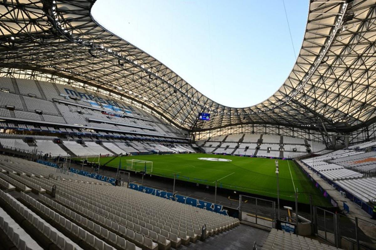 This picture taken on October 4, 2022 shows the empty tribune of the Stade Velodrome prior the UEFA Champions League, Group D football match, between Olympique Marseille (OM) and Sporting  Lisbon, in Marseille, southern France on October 4, 2022.  NICOLAS TUCAT / AFP