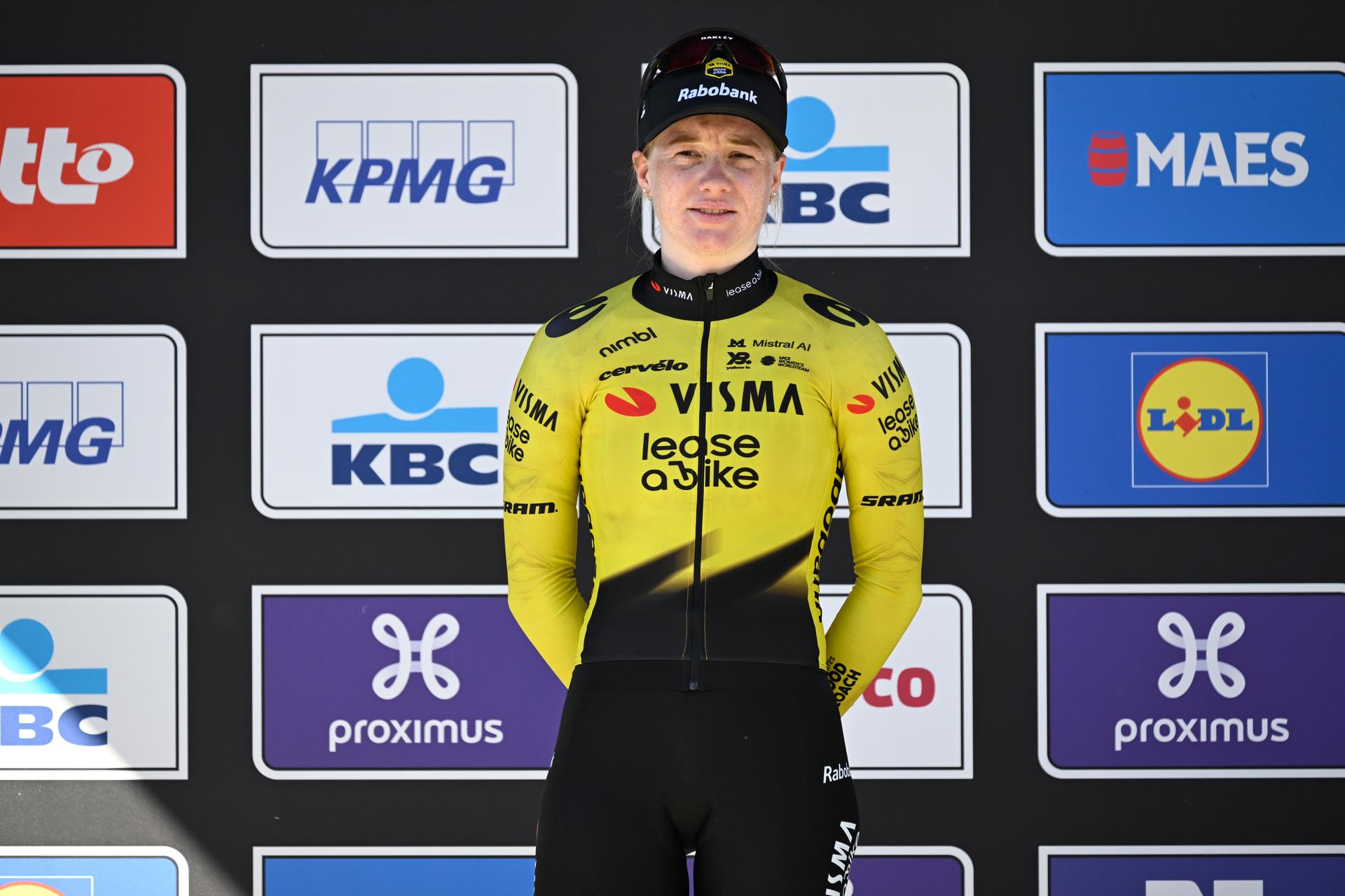 Dutch Nienke Veenhoven of Team Visma-Lease a Bike pictured on the podium after the women's race of the 'Scheldeprijs' one day cycling event, 130,3km from and to Schoten on Wednesday 08 April 2026. BELGA PHOTO TOM GOYVAERTS