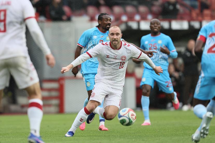 Danish Christian Eriksen pictured in action during a friendly soccer game between the national teams of DR Congo and Denmark, Wednesday 03 June 2026 in Liege, in preparation of the upcoming the 2026 World Cup. BELGA PHOTO BRUNO FAHY