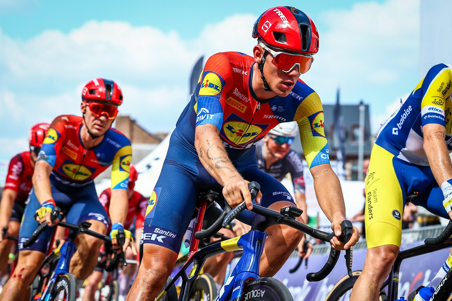 Belgian Thibau Nys of Lidl-Trek pictured in action during the men's elite road race of the Belgian Cycling Championships, 230km from and to the Grand Place square in Binche on Sunday 29 June 2025. BELGA PHOTO DAVID PINTENS