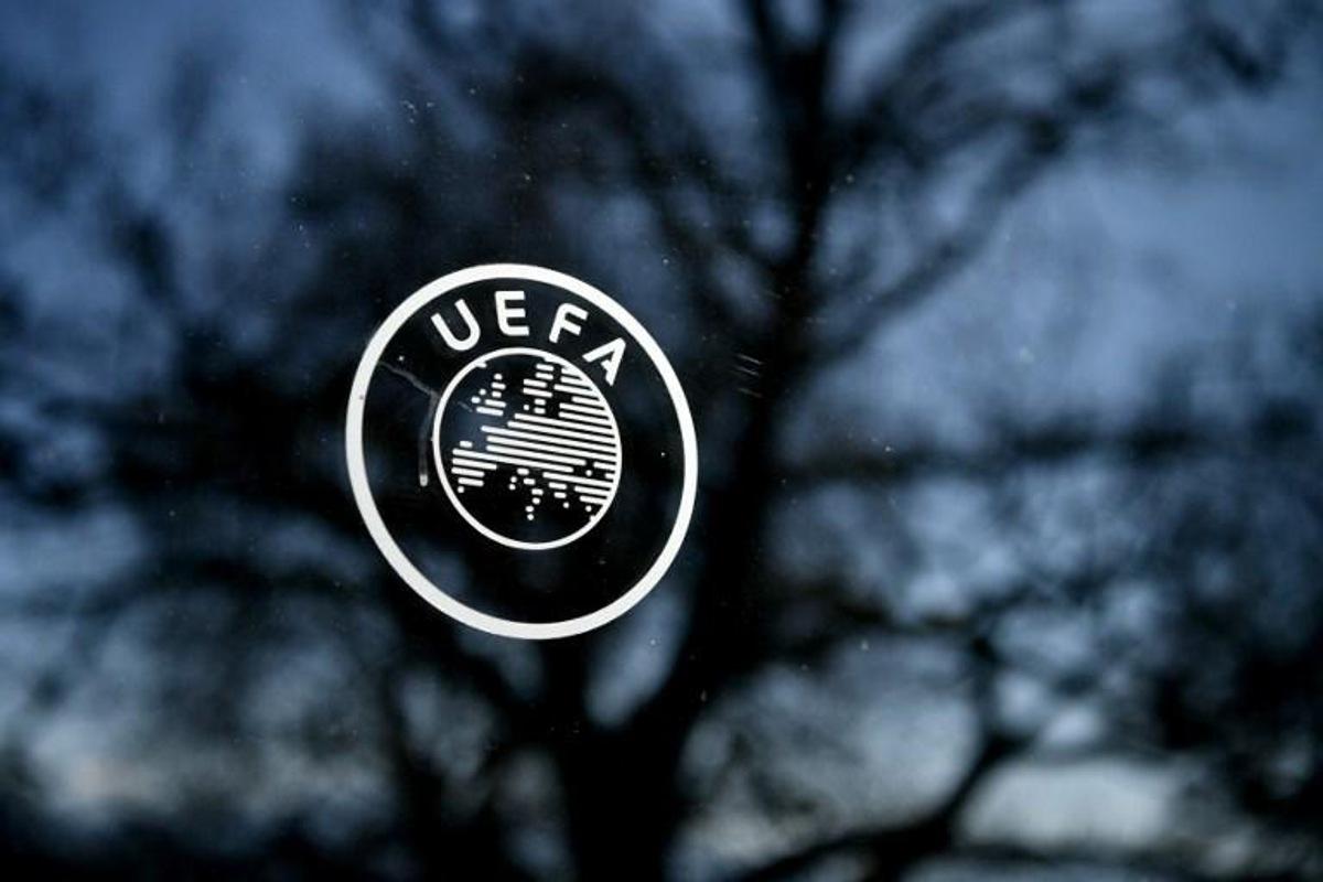 This picture shows the UEFA logo at the organization's headquarters in Nyon on Febraury 28, 2020.  Fabrice COFFRINI / AFP