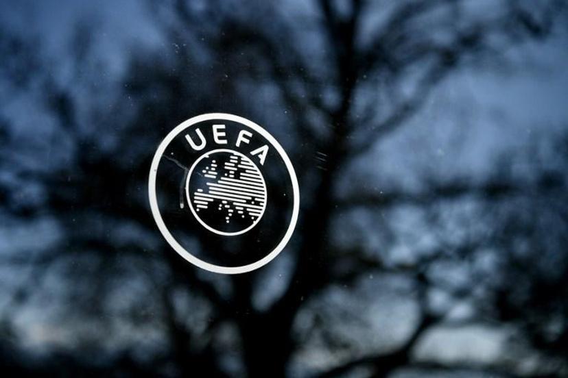 This picture shows the UEFA logo at the organization's headquarters in Nyon on Febraury 28, 2020.  Fabrice COFFRINI / AFP