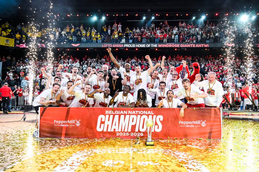 Antwerp players celebrate after winning the Belgian title after a basketball match between Antwerp Giants and BC Oostende, Saturday 13 June 2026, in Antwerp, the fifth and last deciding match of the Final of the Playoffs of the 'BNXT League' Belgian/ Dutch first division basket championship. BELGA PHOTO TOM GOYVAERTS