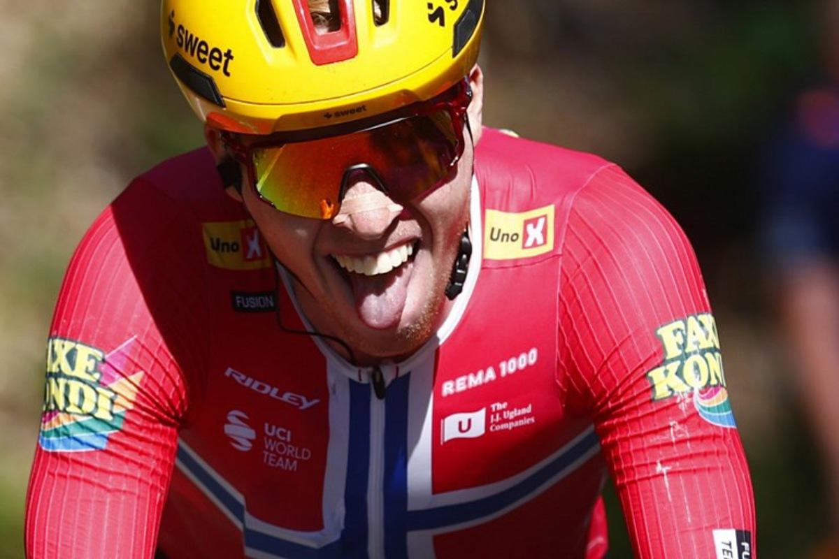 Uno X Mobility Norwegian rider Andreas Leknessund climbs the Ungiasca during the last kilometers of the 13th stage of the Giro d'Italia 2026 - Tour of Italy cycling race between Alessandria and Verbania, Italy, on May 22, 2026.  Luca Bettini / AFP