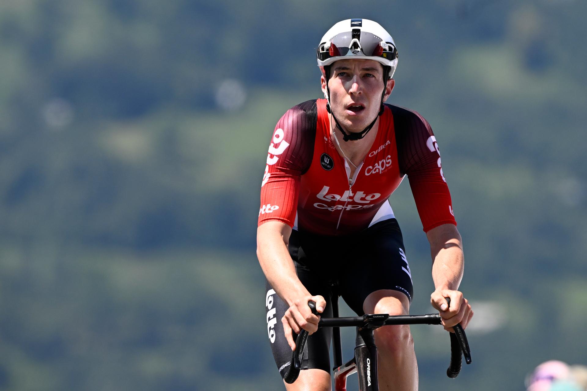 Australian Jarrad Drizners of Lotto Cycling Team pictured at the finish of stage 13 of the 2025 Tour de France cycling race, an 11km individual time trial from Loudenvielle to Peyragudes, on Friday 18 July 2025 in France. The 112th edition of the Tour de France starts on Saturday 5 July in Lille, France, and will finish in Paris, France on the 27th of July.   BELGA PHOTO JASPER JACOBS