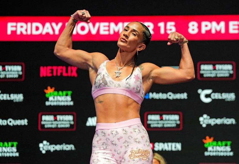 Puerto Rican boxer Amanda Serrano takes part in a weigh-in ahead of her boxing fight against Irish boxer Katie Taylor for IBF, WBA, WBC, and WBO women's titles at The Pavilion at Toyota Music Factory in Irving, Texas, on November 14, 2024.  TIMOTHY A. CLARY / AFP