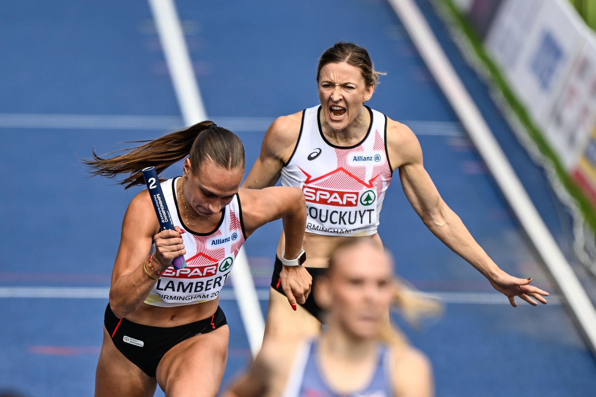 Belgian Kylie Lambert and Belgian Paulien Couckuyt pictured in action during the women's 4x400m relay on the fifth day of the European Athletics Championships (August 10-18) in Birmingham, United Kingdom, on Friday 14 August 2026. BELGA PHOTO ERIC LALMAND