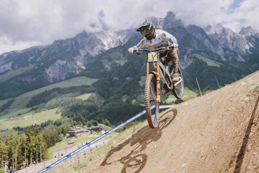 France's Amaury Pierron competes during the men's Downhill Competition of the UCI Mountain Bike World Cup in Leogang, Austria, on June 11, 2022.  JFK / APA / AFP