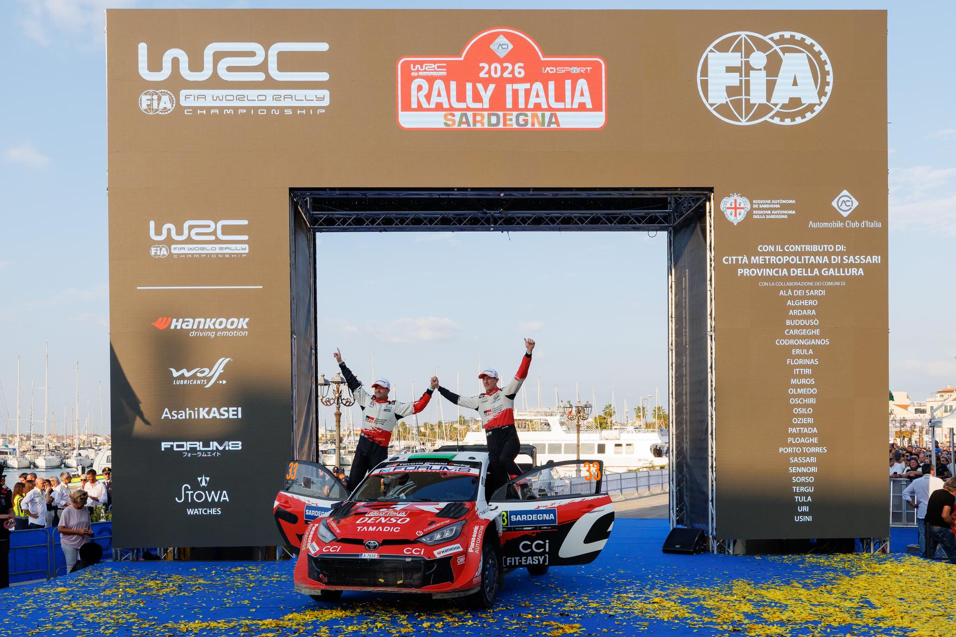 ATTENTION EDITORS - HANDOUT PICTURES - EDITORIAL USE ONLY MANDATORY CREDIT Toyota Gazoo Racing -   This handout picture, released by Toyota Gazoo Racing on Sunday 4 October 2026 shows World Champions Elfyn Evans and Scott Martin after the Rally of Sardegna.    - Belga and Belga editorial board decline all responsability regarding the content of this picture. PHOTO HANDOUT Toyota Gazoo Racing