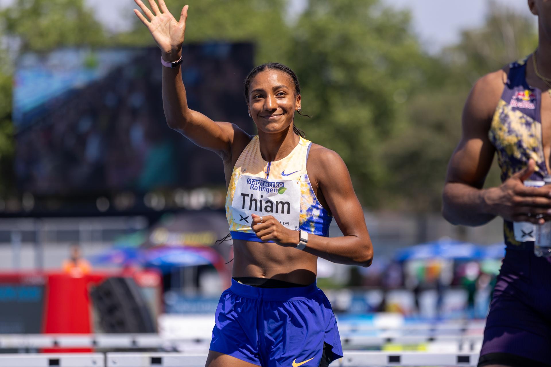 Belgian Nafissatou Nafi Thiam pictured in action during the women's 100m hurdles race, at the women's heptathlon event at the Stadtwerke Ratingen Mehrkampf-Meeting, IAAF World Athletics Combined Events Tour, in Ratingen, Germany, on Saturday 27 June 2026. BELGA PHOTO BJORN PAREE