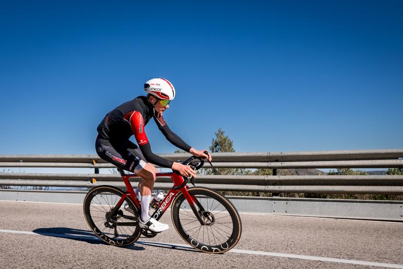 Belgian Duarte Marivoet Scholiers pictured in action during a training ride of the Lotto-Intermarche cycling team in Albir, Spain, Thursday 15 January 2026. BELGA PHOTO DAVID PINTENS