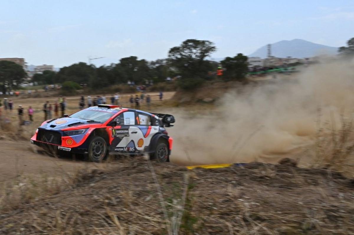 Belgium driver Thierry Neuville steers his Hyundai i20N Rally 1 assisted by his co-driver Martijn Wydaeghe, during the shakedown in Cabu Abbas, near Olbia, in the 22nd edition of Rally of Sardegna in Italy, 6th round of the FIA World Rally Championship (WRC), on June 5, 2025.  Andreas SOLARO / AFP