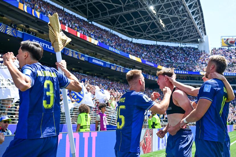 Bosnia and Herzegovina's Ermin Mahmic celebrates after scoring during a soccer game between Bosnia and Herzegovina and Qatar, on Wednesday 24 June 2026 in Seattle, the third and last day in the group stage, in group B of the FIFA World Cup 2026 in the United States of America. BELGA PHOTO DIRK WAEM