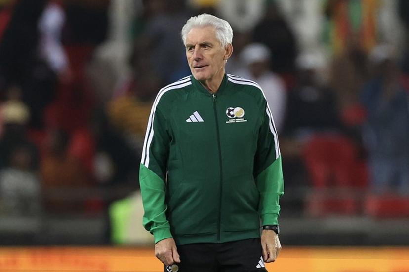 South Africa's Belgian coach Hugo Broos reacts after the international friendly football match between South Africa and Nicaragua at Orlando Stadium in Soweto on May 29, 2026.   Phill Magakoe / AFP