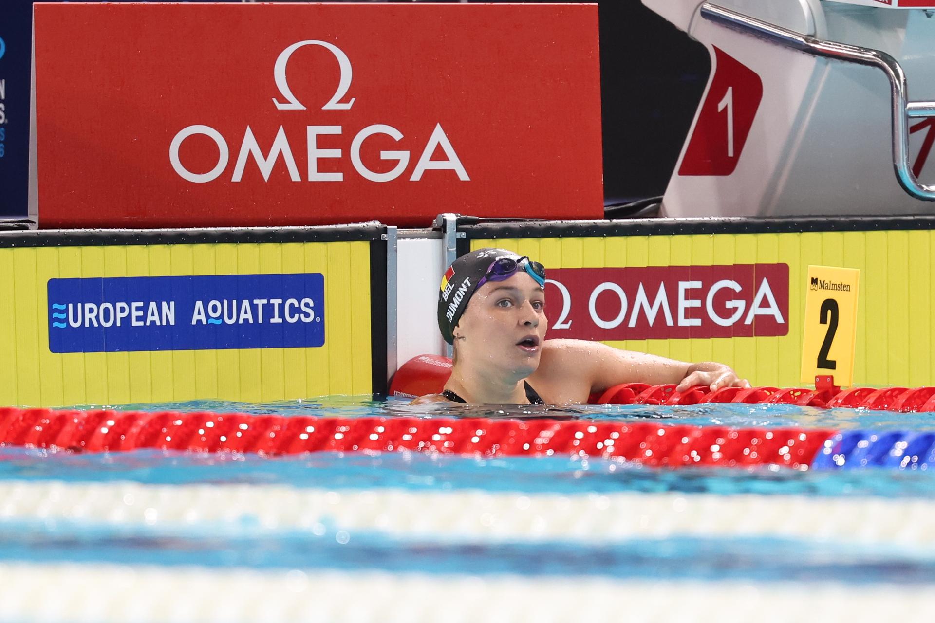 Belgian Sarah Dumont pictured after the final of the women's 200m freestyle event at the fourth day of  the European Aquatics Championships in Paris, France on Thursday 13 August 2026. BELGA PHOTO VIRGINIE LEFOUR
