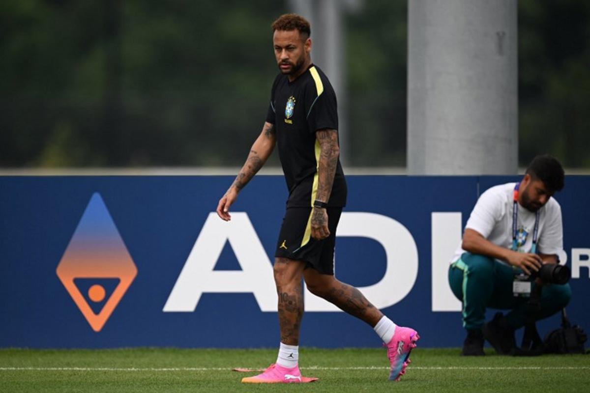 Brazil's forward #10 Neymar takes part in an MD-1 training session at Columbia Park Training Facility in Morristown, New jersey, on June 18, 2026, on the eve of the World Cup 2026 Group C football match between Brazil and Haiti.   MAURO PIMENTEL / AFP