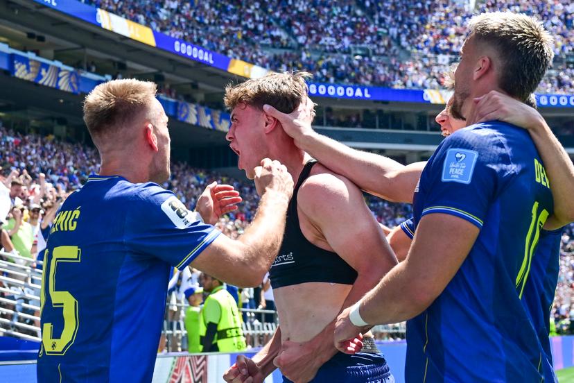 Bosnia and Herzegovina's Ermin Mahmic celebrates after scoring during a soccer game between Bosnia and Herzegovina and Qatar, on Wednesday 24 June 2026 in Seattle, the third and last day in the group stage, in group B of the FIFA World Cup 2026 in the United States of America. BELGA PHOTO DIRK WAEM