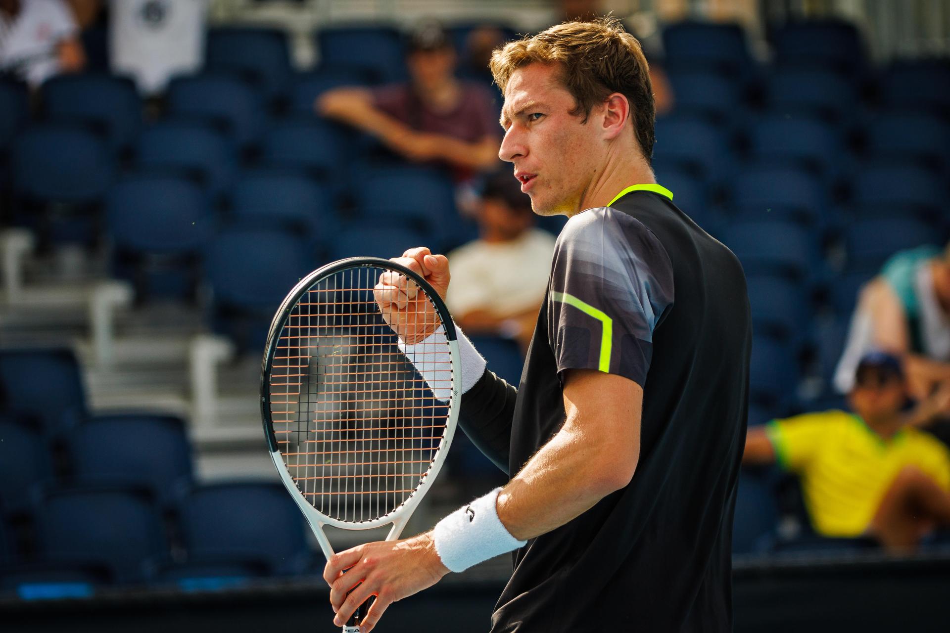Belgian Kimmer Coppejans pictured in action during a tennis match against Monegasque Vacherot, in the third round of the qualifiers for the men's singles tournament, at the 'Australian Open' Grand Slam tennis tournament, Thursday 09 January 2025 in Melbourne Park, Melbourne, Australia. The 2024 edition of the Australian Grand Slam takes place from January 14th to January 28th. BELGA PHOTO PATRICK HAMILTON