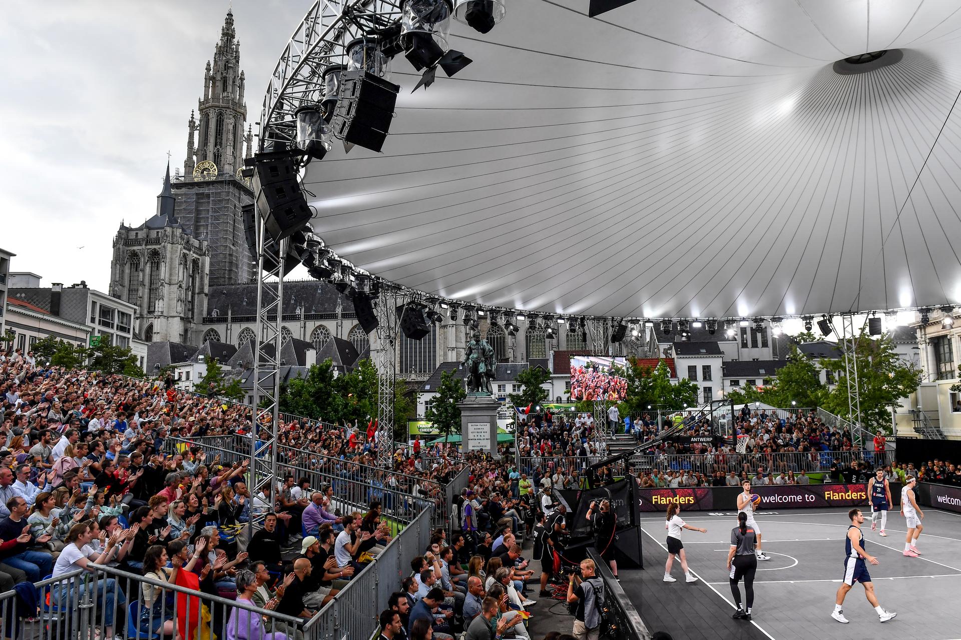 Illustration shows a 3x3 basketball game between Belgium and France, in the Men's bronze medal game, at the FIBA 2022 world cup, Sunday 26 June 2022, in Antwerp. The FIBA 3x3 Basket World Cup 2022 takes place from 21 to 26 June in Antwerp. BELGA PHOTO DIRK WAEM