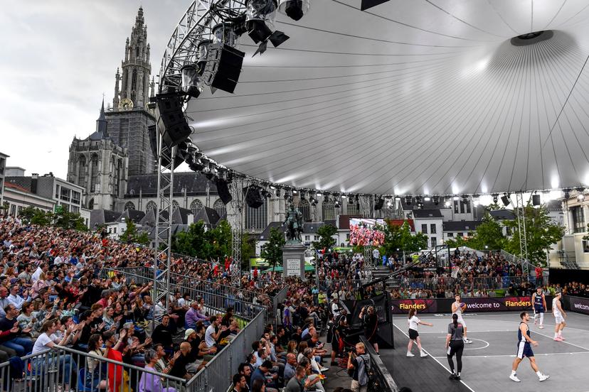 Illustration shows a 3x3 basketball game between Belgium and France, in the Men's bronze medal game, at the FIBA 2022 world cup, Sunday 26 June 2022, in Antwerp. The FIBA 3x3 Basket World Cup 2022 takes place from 21 to 26 June in Antwerp. BELGA PHOTO DIRK WAEM