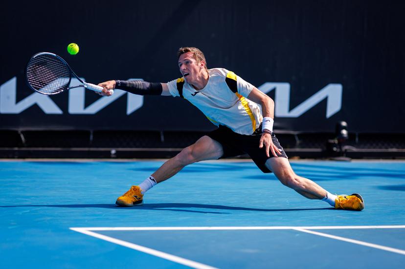 Belgium's Kimmer Coppejans pictured in action during a third round qualifying match in the men's singles against USA's Svajda at the Australian Open, Melbourne Park, Melbourne on Thursday 15 January 2026.  BELGA PHOTO PATRICK HAMILTON  --- BENELUX ONLY   ---