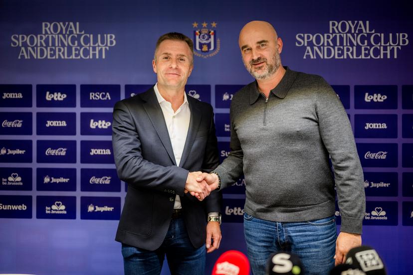 Anderlecht's CEO Kenneth Bornauw and Anderlecht's sports director Antoine Sibierski pictured during a press conference of Belgian soccer team RSC Anderlecht to present their new sporting director, on Wednesday 06 May 2026 in Brussels. French Sibierski has been appointed, coming over from French 2nd division team ESTAC Troyes. BELGA PHOTO JASPER JACOBS