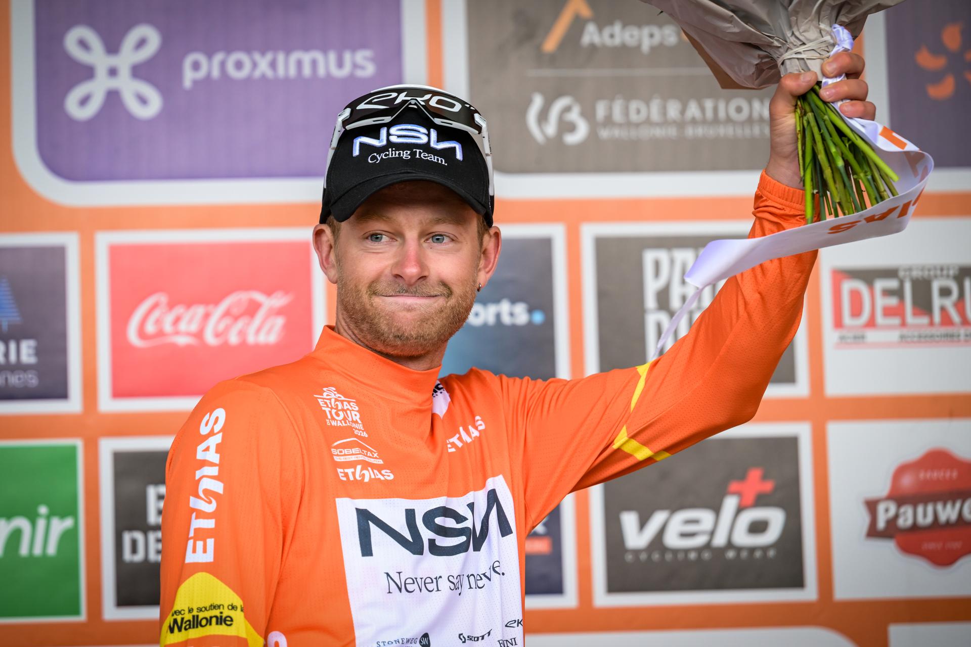 American Riley Sheehan of NSN Cycling Team pictured on the podium after the fourth stage of the Tour De Wallonie cycling race, from Dison to Eupen (166,7 km), on Thursday 04 June 2026. BELGA PHOTO DAVID PINTENS