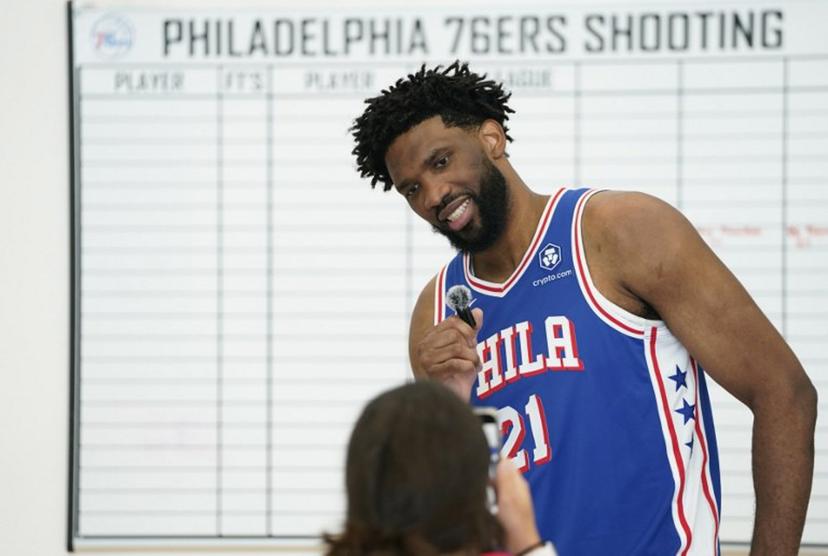Philadelphia 76ers center Joel Embiid attends the 76ers media day ahead of the NBA season at the 76ers Training Complex in Camden, New Jersey, September 30, 2024.  TIMOTHY A. CLARY / AFP