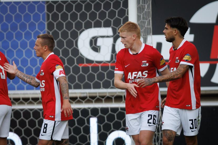 AZ's Kees Smit celebrates after scoring during a friendly soccer game between Belgian KAA Gent and Dutch AZ Alkmaar, on Wednesday 16 July 2025 in Gent. The teams are preparing for the upcoming 2025-2026 season. BELGA PHOTO KURT DESPLENTER