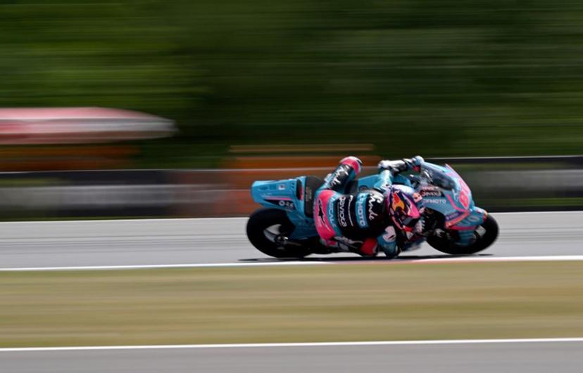 Team CFMoto Aspar Racing Team's David Alonso races to take the second place in the Moto2 event prior to the MotoGP Grand Prix of Czechia in Brno, Czech Republic, on June 21, 2026.  Michal Cizek / AFP