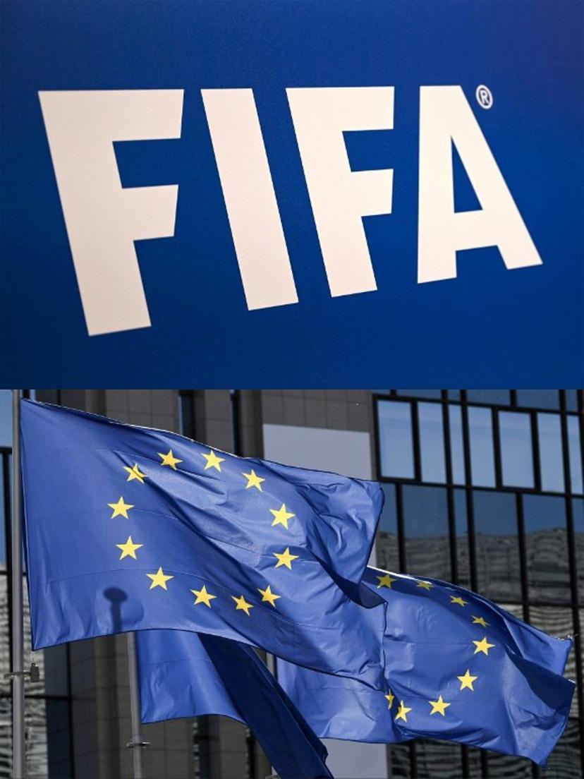 (COMBO) This combination of files pictures created on July 29, 2026 shows the FIFA logo during a press conference held by the president of the football's governing body at the FIFA Executive Football Summit on February 15, 2019 in Istanbul and European flags fluttering outside the EU Council headquarters in Brussels on March 18, 2026.  EU sports chief on July 29, 2026 hit out at FIFA's plans to sell a stake in its competitions including the World Cup, warning international football's governing body: "Hands off our game." OZAN KOSE, Nicolas TUCAT / AFP