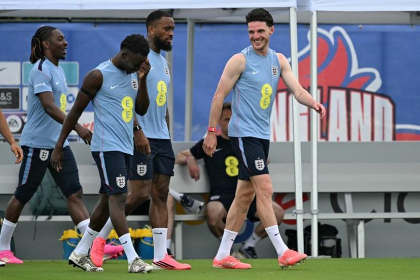 (LtoR) England's midfielder Ethan Nwaneri, forward Eberechi Eze, forward Ivan Toney and midfielder Declan Rice take part in a training session as part of the team's preparation for its FIFA 2026 World Cup football tournament opening match against Croatia at the team's training camp in Palm Beach Gardens on June 9, 2026.  CHANDAN KHANNA / AFP