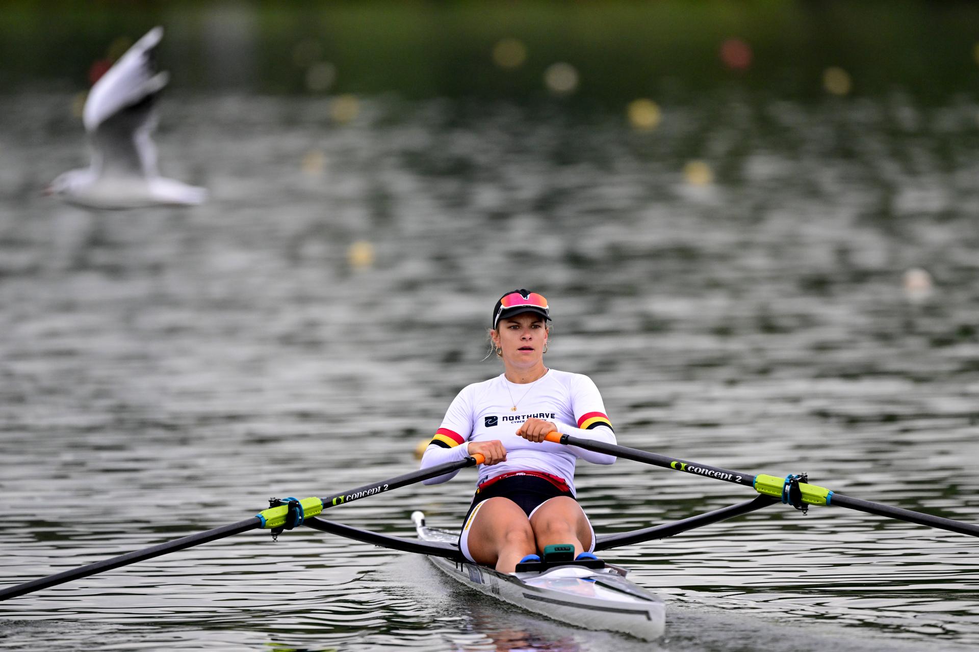Belgian athlete Mazarine Guilbert pictured during a training session ahead of a press conference organized by the 'Vlaamse Roeiliga' Flemish rowing federation, Tuesday 09 September 2025 in Willebroek, to present the athletes and new coaching staff that will take part to the World Championships in Shanghai (September 21-28). BELGA PHOTO DIRK WAEM