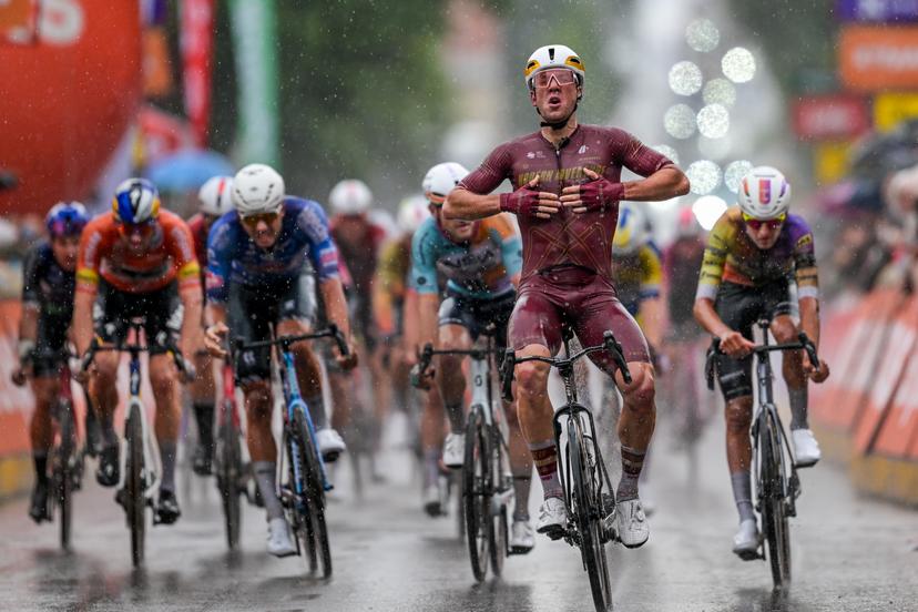 New Zealander Ben Oliver of Modern Adventure Pro Cycling celebrates as he crosses the finish line to win the second stage of the Tour De Wallonie cycling race, 192 km from Jodoigne to Libramont-Chevigny, on Tuesday 02 June 2026. BELGA PHOTO DAVID PINTENS