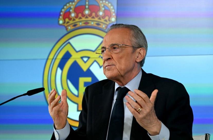 Real Madrid President Florentino Perez talks to media at Real Madrid Sports City in Valdebebas, in the outskirts of Madrid, on May 12, 2026. Real Madrid president Florentino Perez calls club elections, will stand again, AFP reports on May 12, 2026. JAVIER SORIANO / AFP