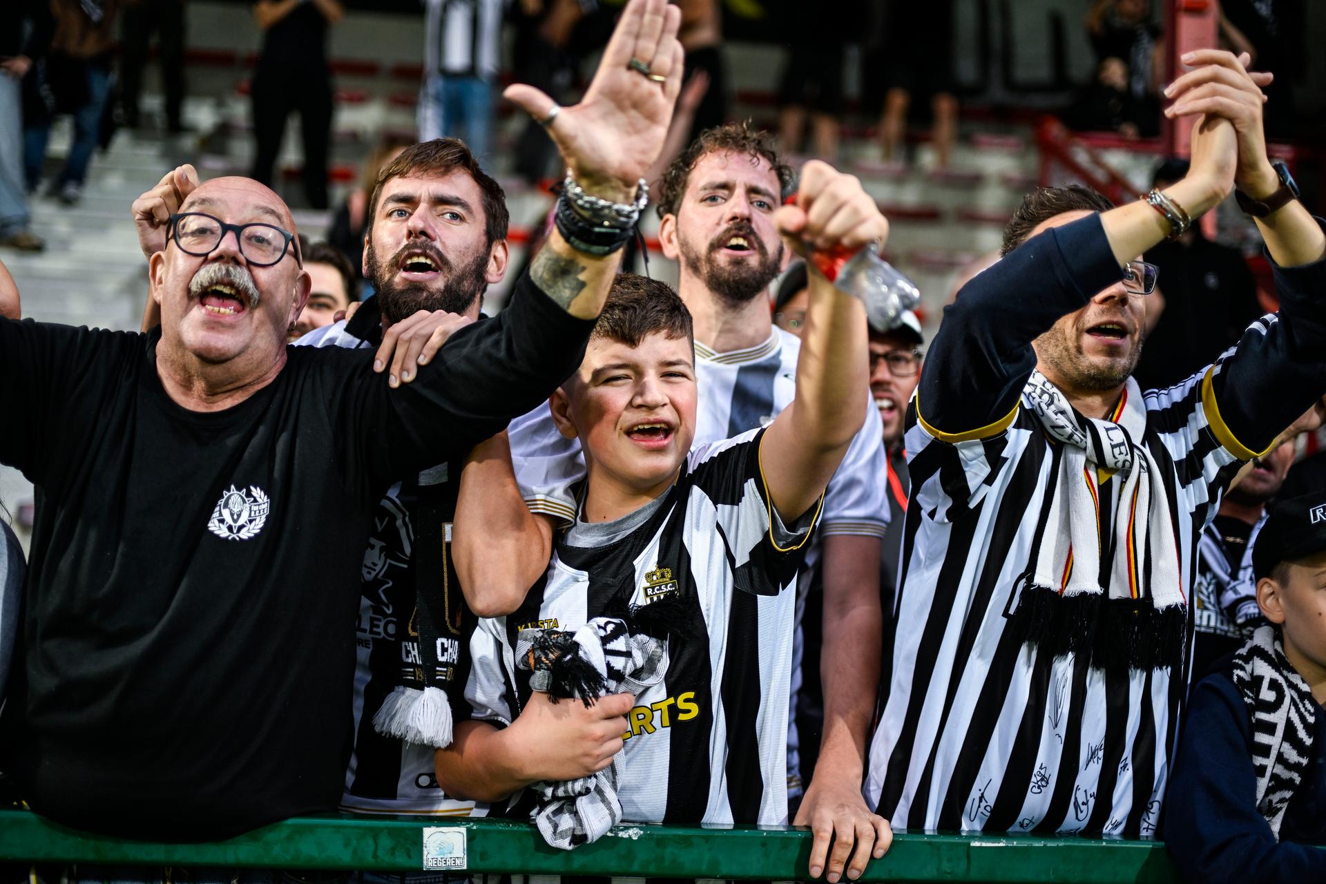 Charleroi's supporters celebrate after winning a soccer match between KV Kortrijk and Sporting Charleroi, Saturday 29 August 2026 in Kortrijk, on day 4 of the 2026-2027 'Jupiler Pro League' first division of the Belgian championship. BELGA PHOTO TOM GOYVAERTS