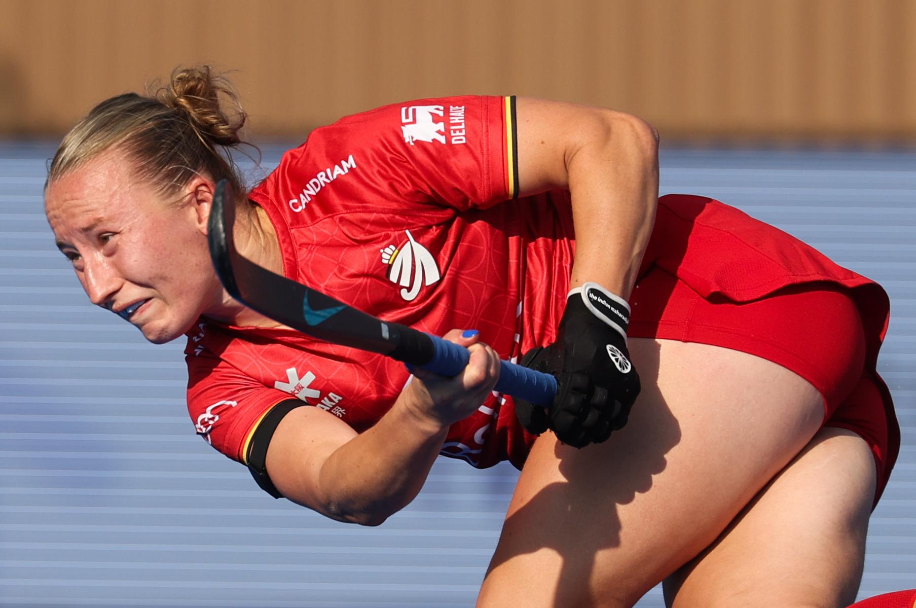 Belgium's Charlotte Englebert pictured in action during a hockey game between Belgian national team Red Panthers and China, Tuesday 16 June 2026 in Wavre, match 10/16 in the group stage of the women's FIH Pro League competition. BELGA PHOTO VIRGINIE LEFOUR
