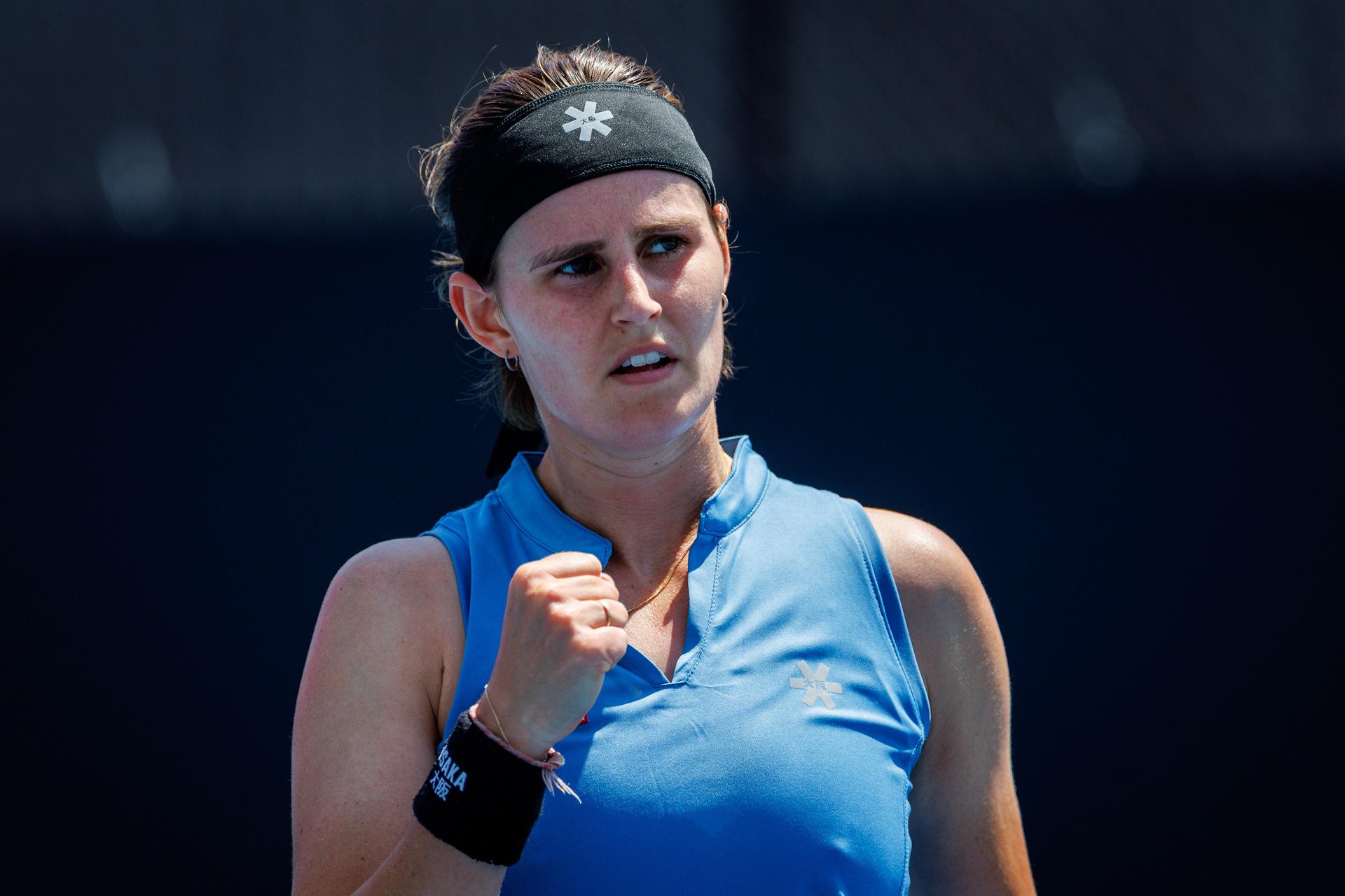 Belgium's Greet Minnen reacts during a second round qualifying match against  France's Harmony Tan at the Australian Open, Melbourne Park, Melbourne on Wednesday 14 January 2026. Minnen won 7-6, 6-3. BELGA PHOTO PATRICK HAMILTON  --- BENELUX ONLY   ---