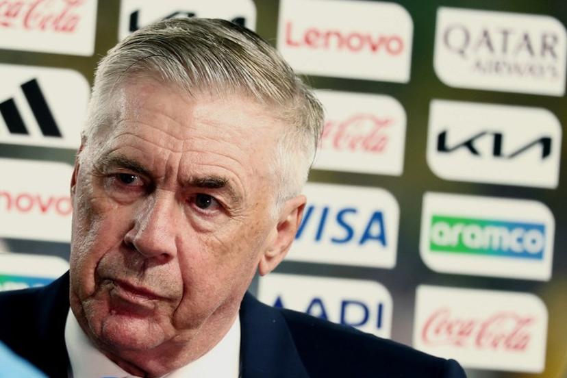 Brazil's Italian head coach Carlo Ancelotti speaks on the official TV broadcast after winning the 2026 World Cup Group C football match between Brazil and Haiti at the Philadelphia Stadium in Philadelphia on June 19, 2026.   CHARLY TRIBALLEAU / AFP